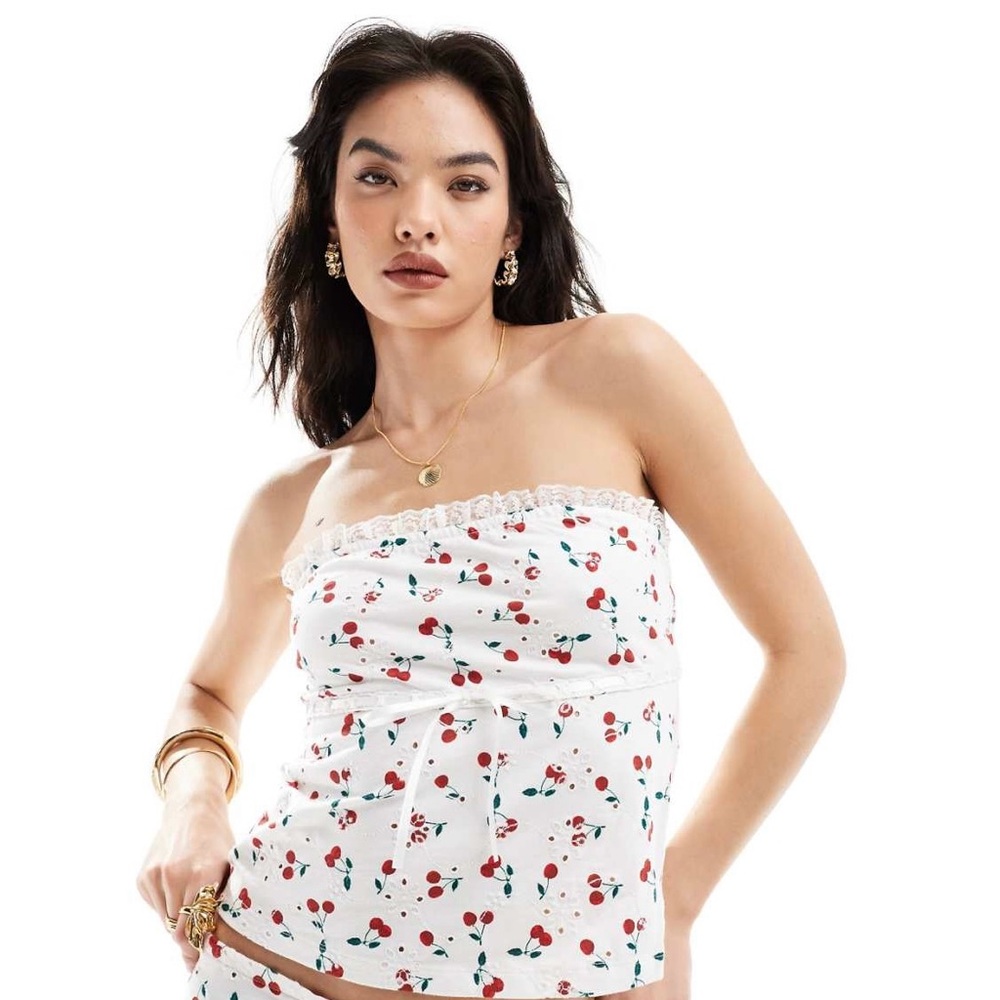 ASOS DESIGN Broderie Bandeau with Ribbon Detail in Cherry Print.
